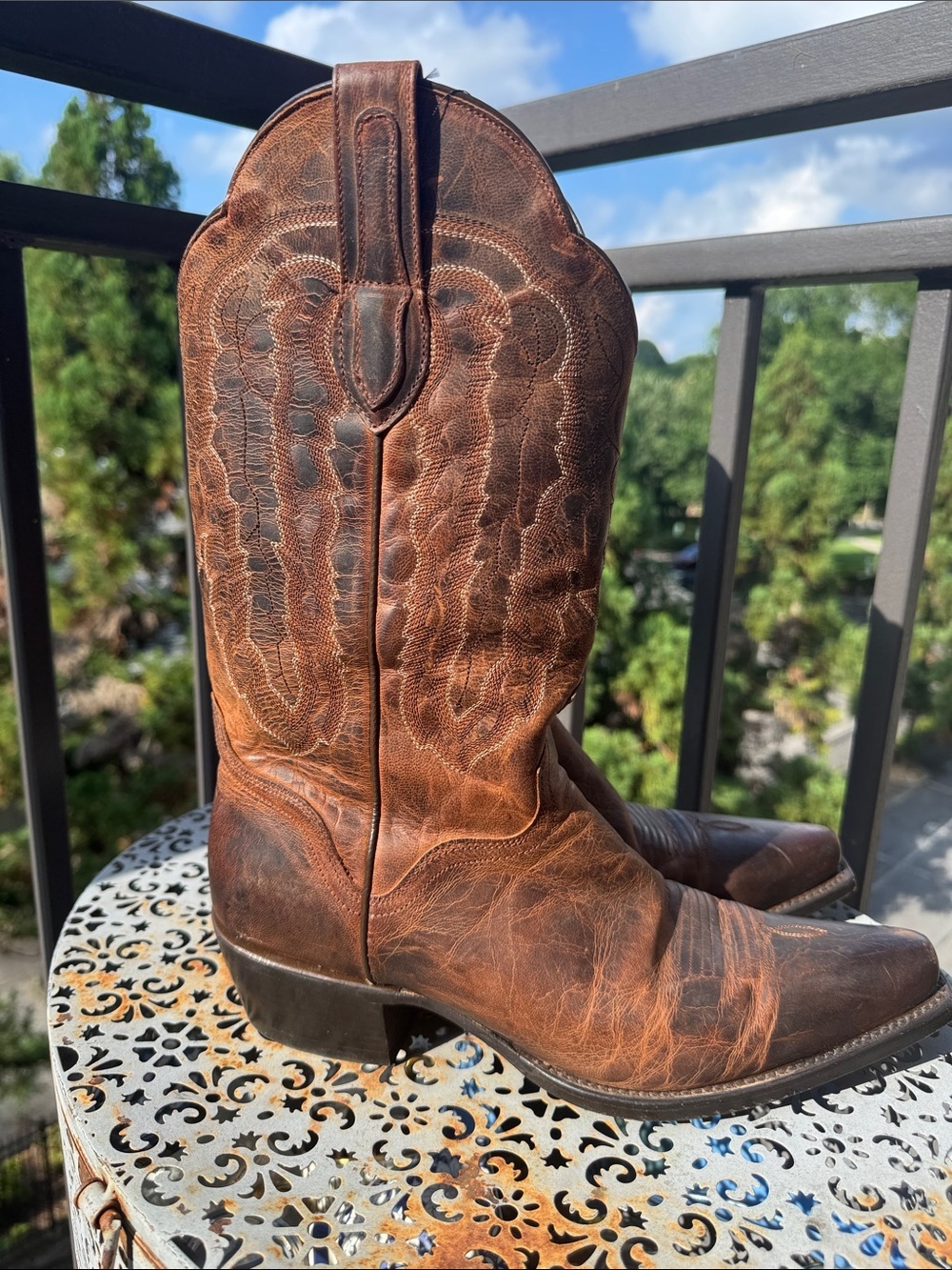 J.B. Dillon Distressed Cognac Leather Western Boots - Picture 3 of 9